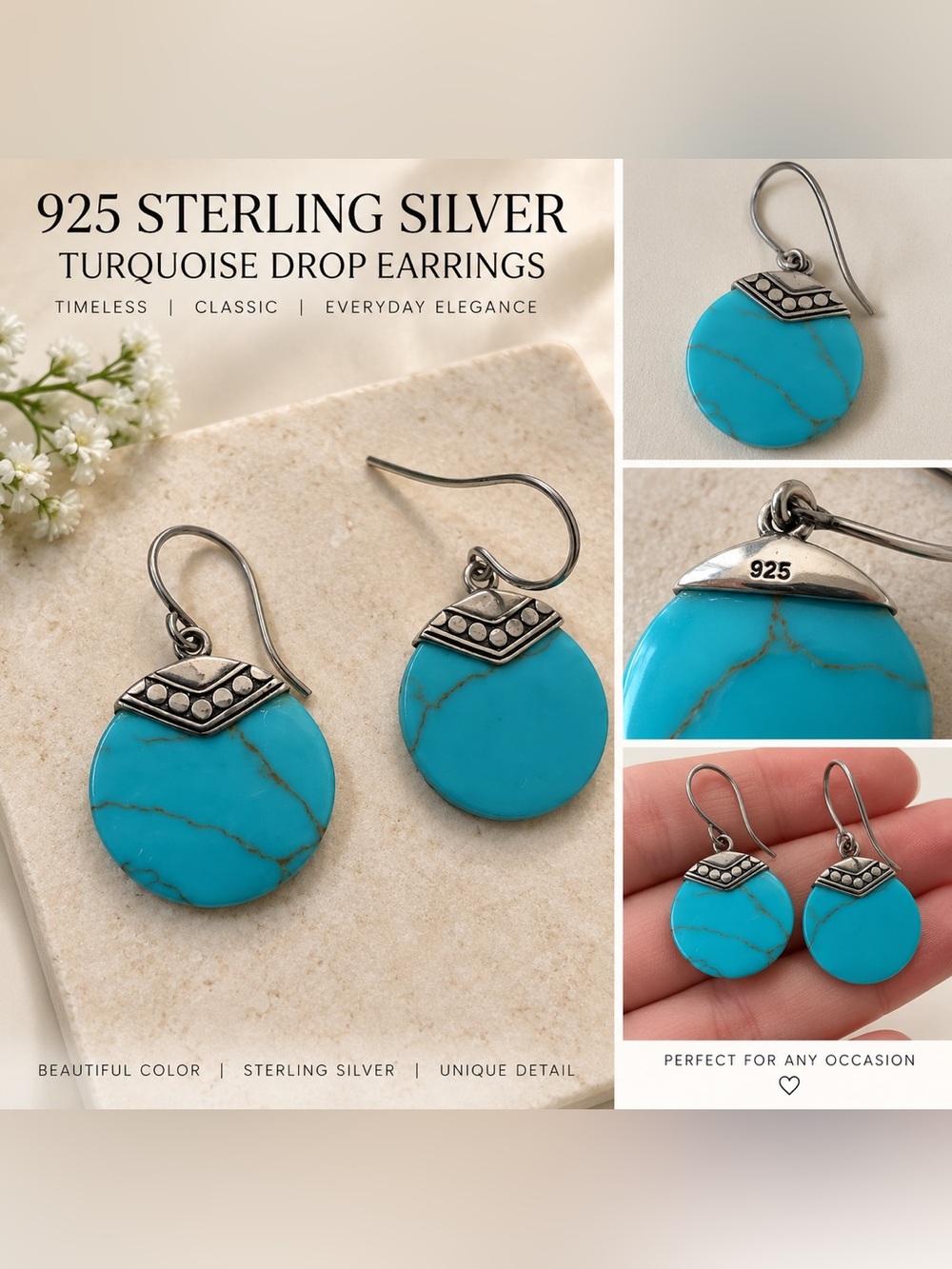 925 Sterling Silver Turquoise Drop Earrings - Vibrant Turquoise